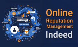 Illustration of a shield protecting a digital corporate brand with icons representing reputation management, social media, and crisis response.
