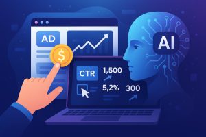 Illustration showing AI technology transforming PPC advertising with analytics, click-through rates, and automation on a digital interface.