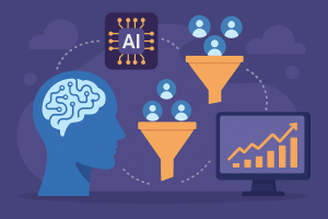 Dev Jayakumar - AI brain inside a human head, microchip, lead funnels, and analytics monitor connected by dotted lines, illustrating AI-powered sales funnel personalization.