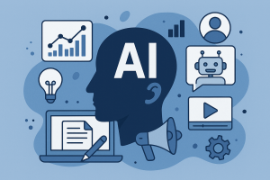 A futuristic digital marketer using AI-powered tools and analytics dashboards in 2030
